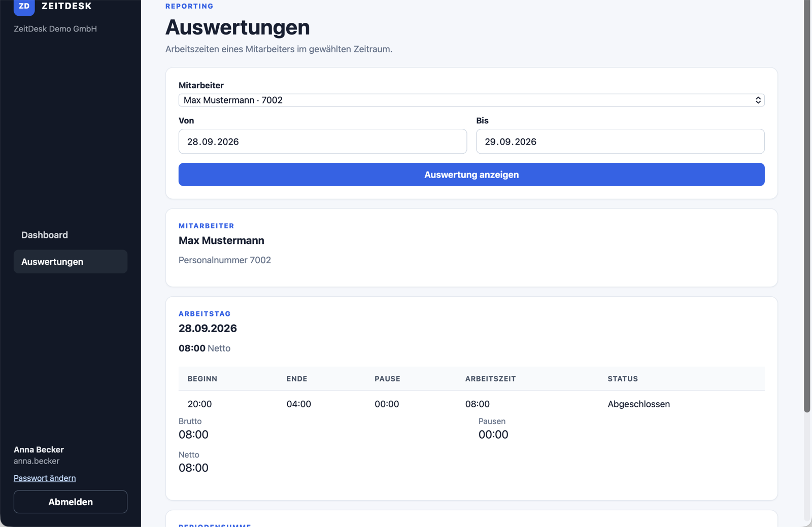 ZeitDesk Auswertung für einen synthetischen Mitarbeiter mit Arbeitszeit und Tagesübersicht ZeitDesk Auswertung für einen synthetischen Mitarbeiter mit Arbeitszeit und Tagesübersicht
