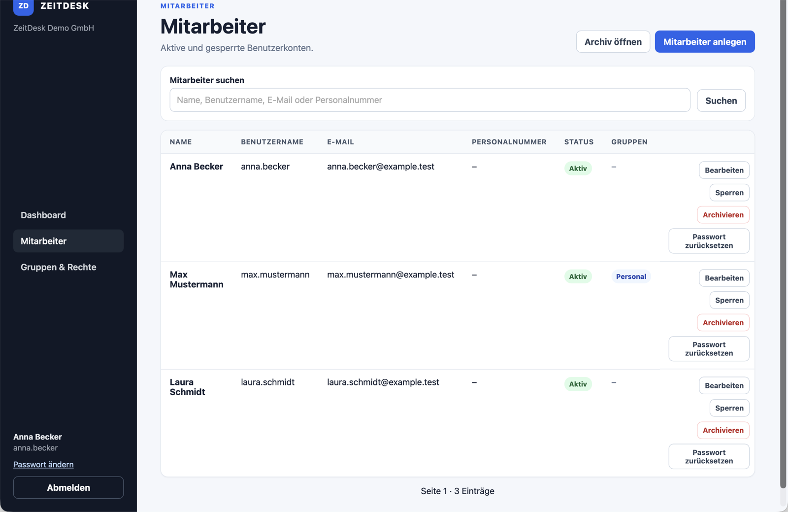 ZeitDesk Mitarbeiterverwaltung mit synthetischen Benutzern, Status und Gruppenzuordnung ZeitDesk Mitarbeiterverwaltung mit synthetischen Benutzern, Status und Gruppenzuordnung